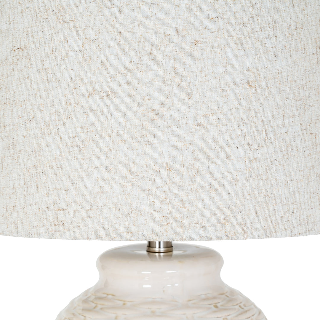 Handcrafted Warmth: Basketweave Ceramic Lamp & Linen Shade