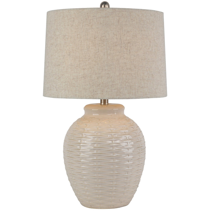 Handcrafted Warmth: Basketweave Ceramic Lamp & Linen Shade
