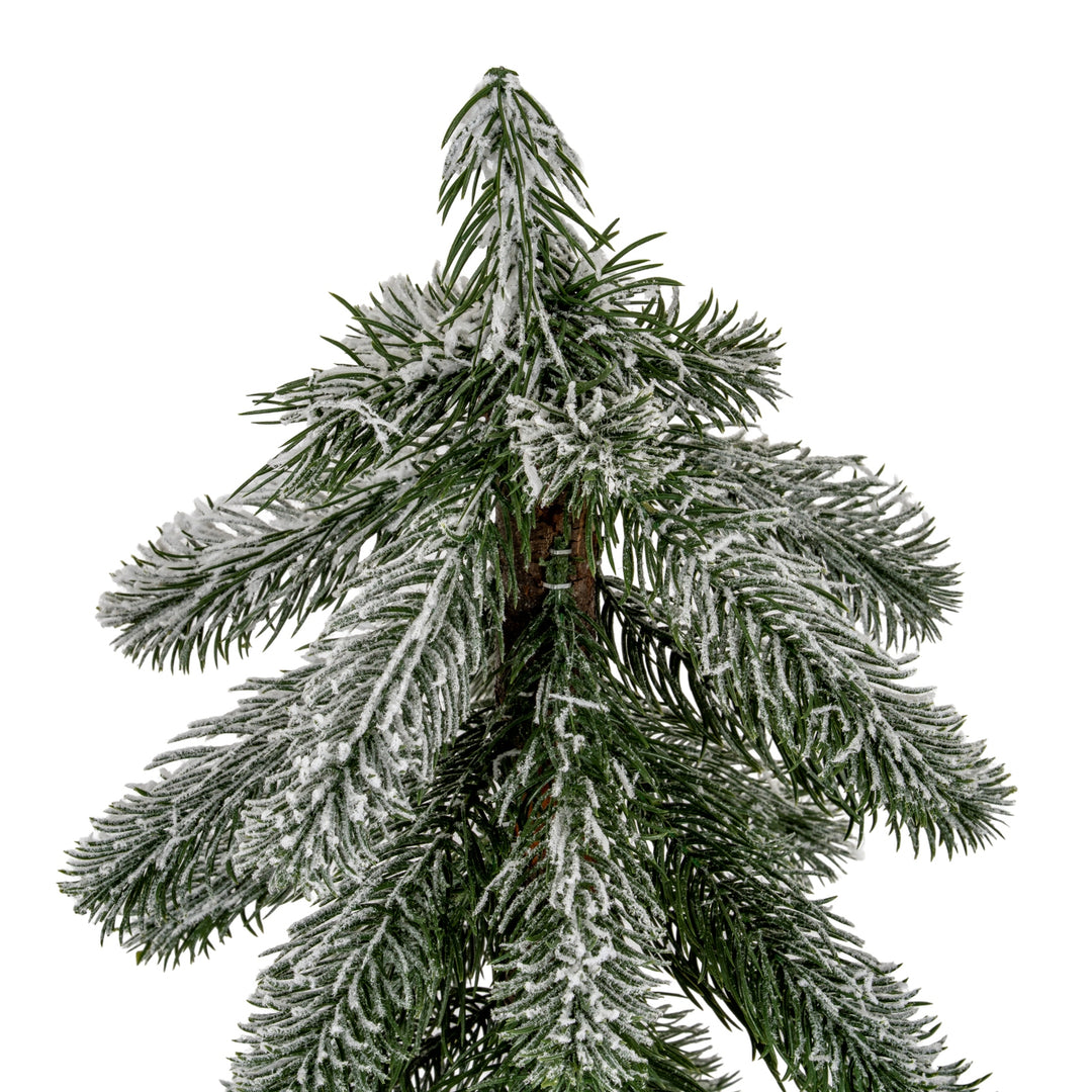 Small-Snowy-Pine-Tree-On-Wooden-Stand
