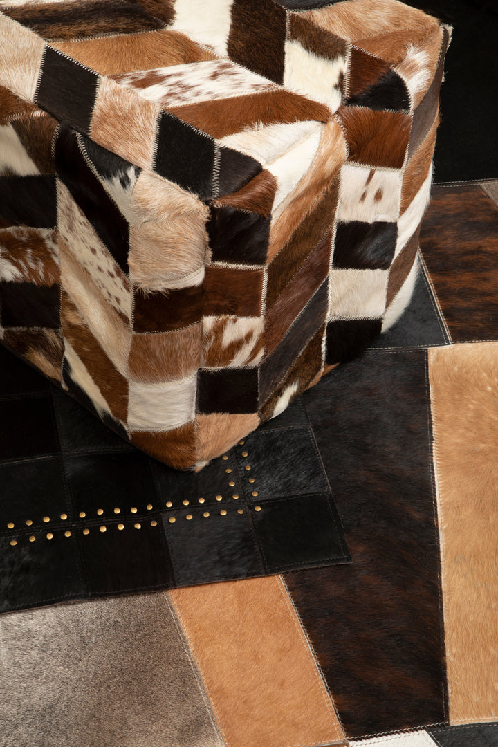 Bosie Safira Large Rug in Black Patchwork Leather with Gold Stud Detailing