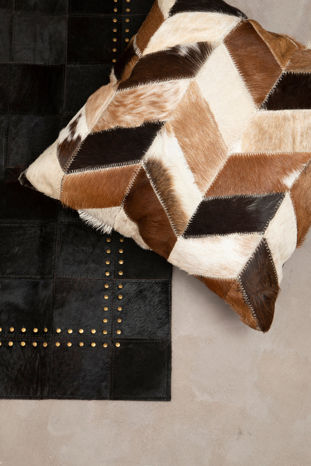 Bosie Safira Large Rug in Black Patchwork Leather with Gold Stud Detailing