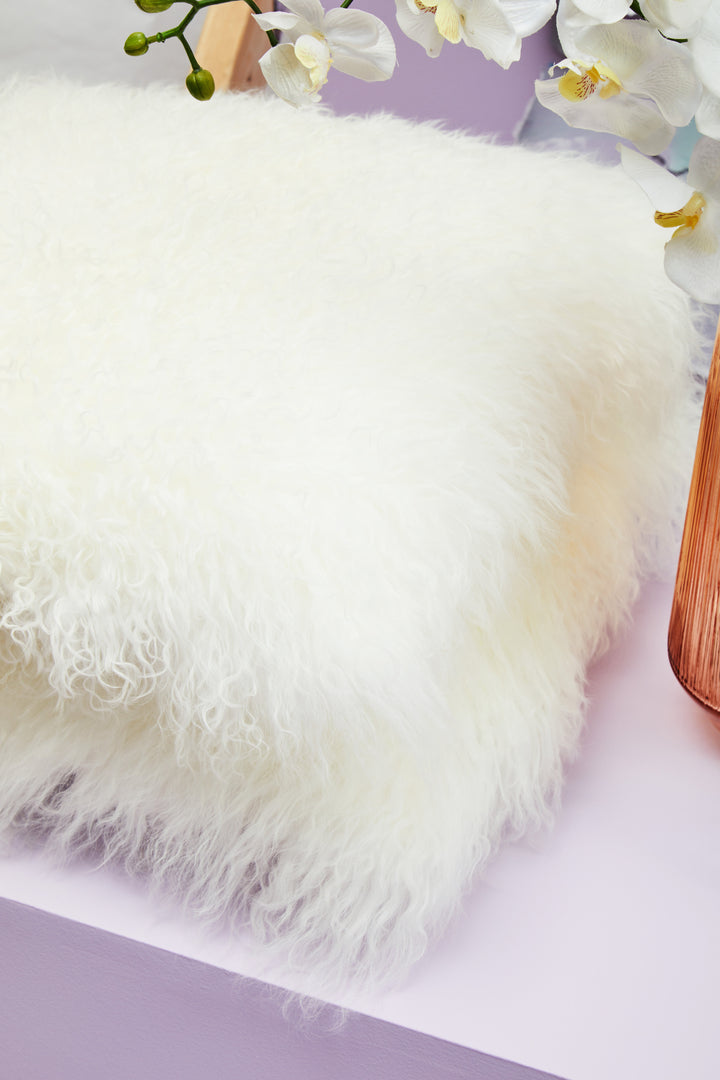 Bosie Square Cushion in White Mongolian Fur
