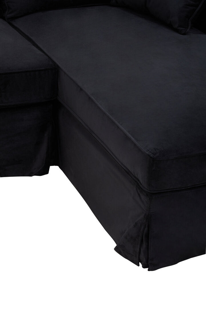 Capri Three-Seater Black Velvet Chaise Sofa