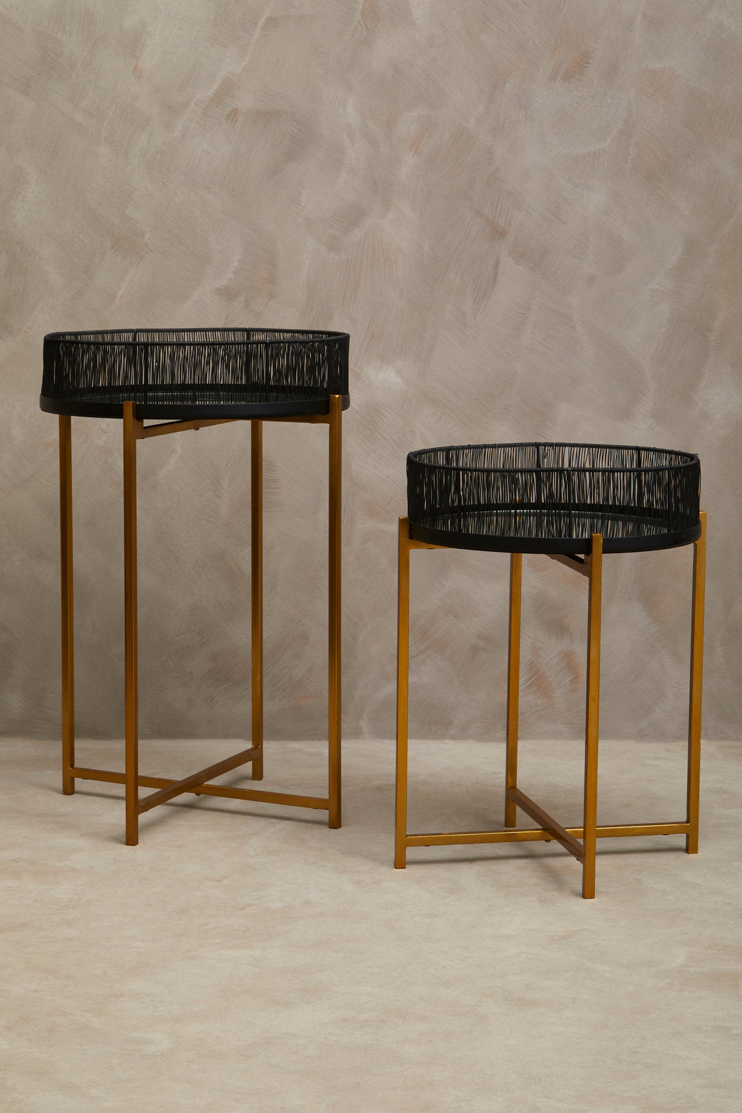 Enzo Side Tables – Set of Two with Black Wire Base and Gold Frame