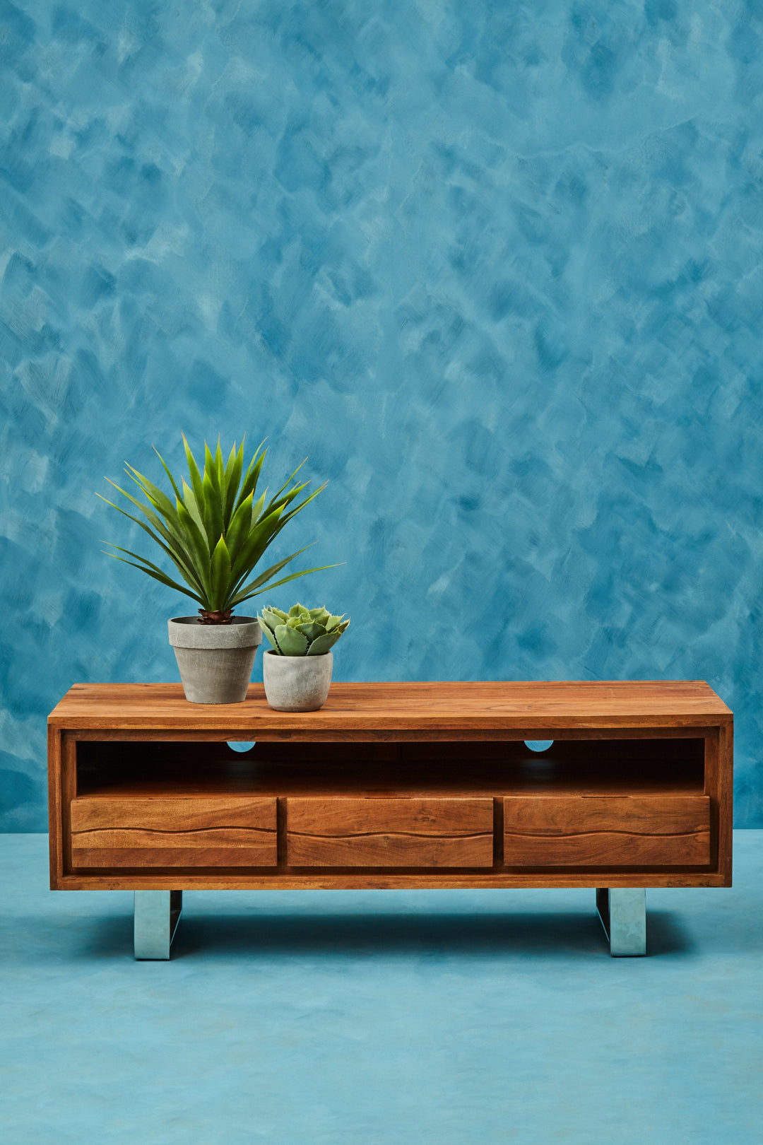 Simla Media Unit in Acacia Wood with 3 Drawers