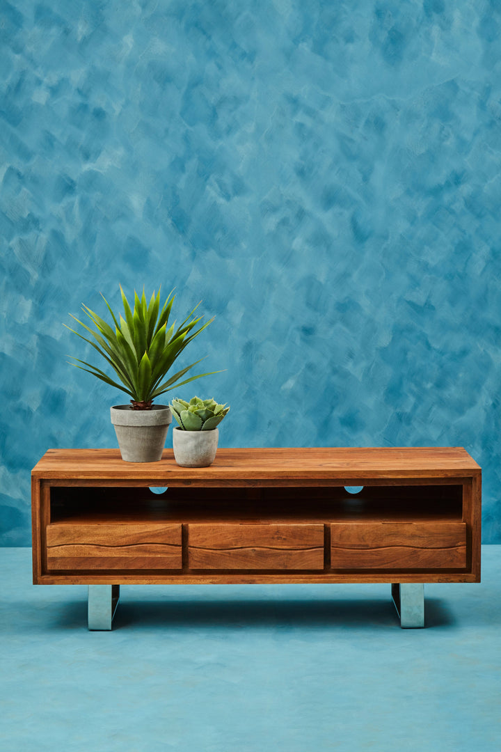 Simla Media Unit in Acacia Wood with 3 Drawers