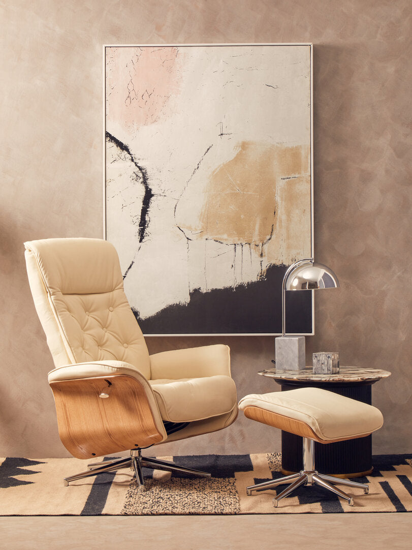 Canvas Recliner & Footstool – Ivory Leather Effect