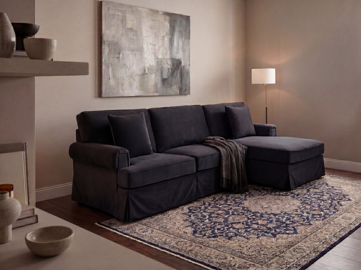 Capri Three-Seater Black Velvet Chaise Sofa