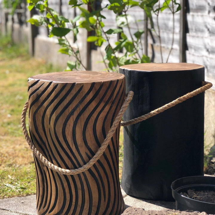 Zenvor Teak Root Round Black Stool with Rope