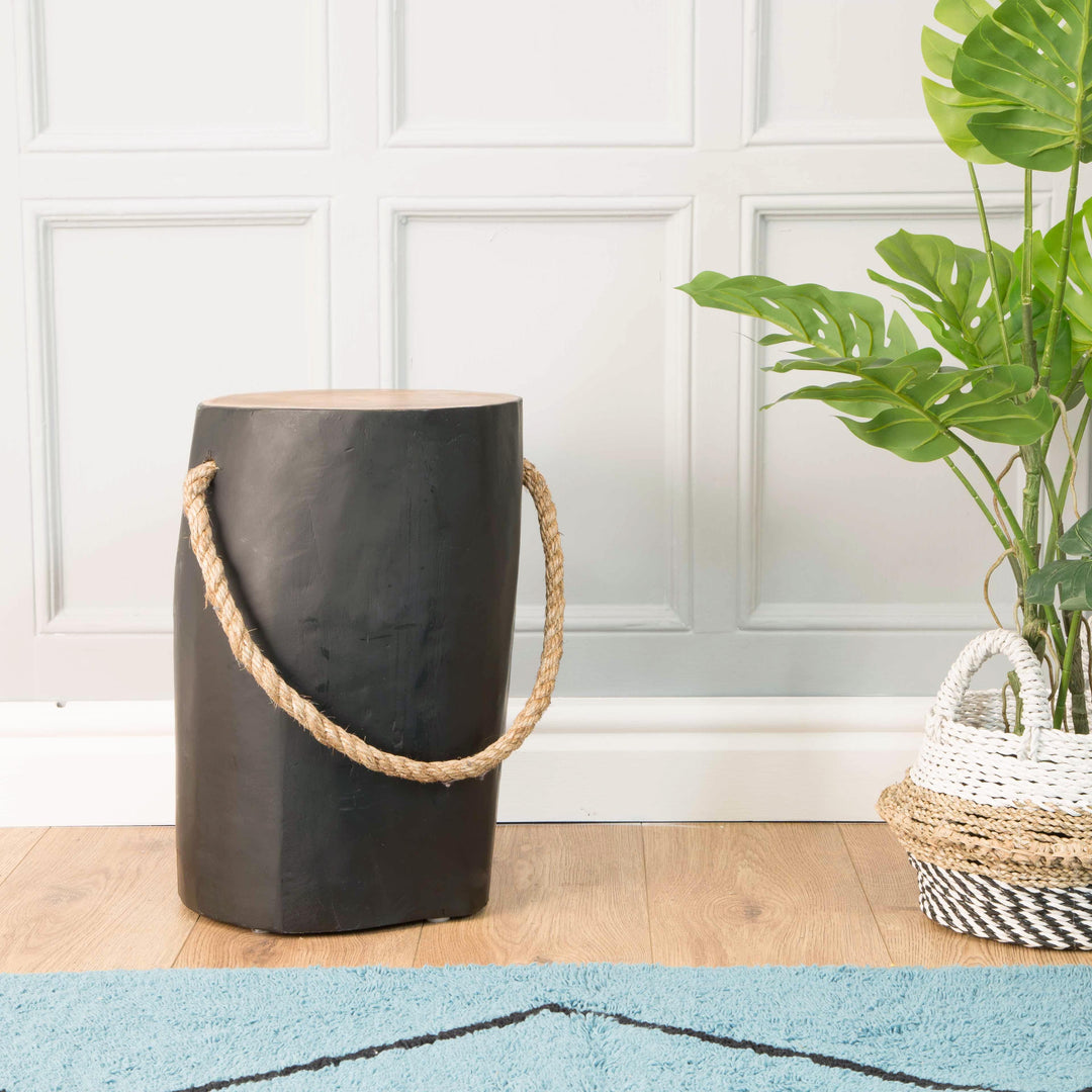 Zenvor Teak Root Round Black Stool with Rope