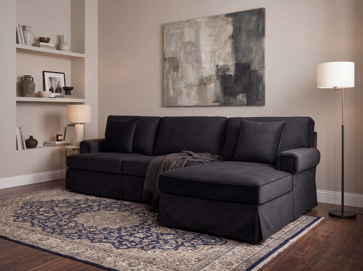 Capri Three-Seater Black Velvet Chaise Sofa