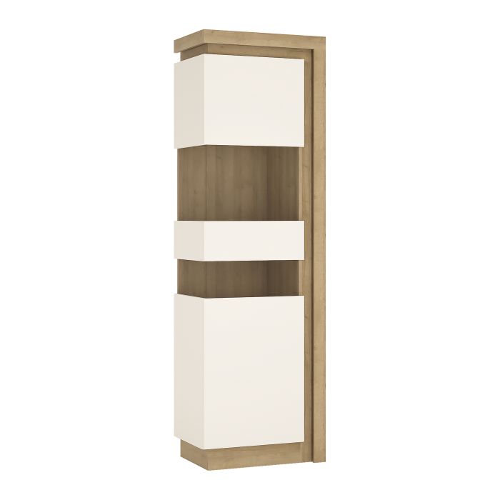 Lyon Tall Narrow Display Cabinet (LHD) in Riviera Oak/White High Gloss
