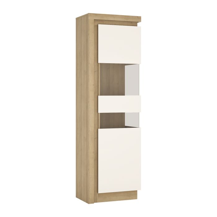 Tall Narrow Display Cabinet (RHD) in Riviera Oak & White High Gloss – Lyon Collection