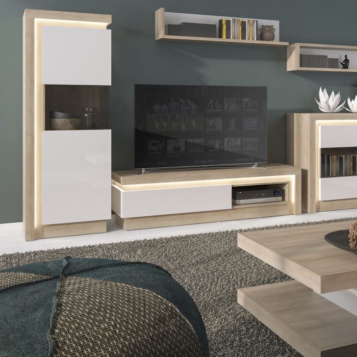 Tall Narrow Display Cabinet (RHD) in Riviera Oak & White High Gloss – Lyon Collection