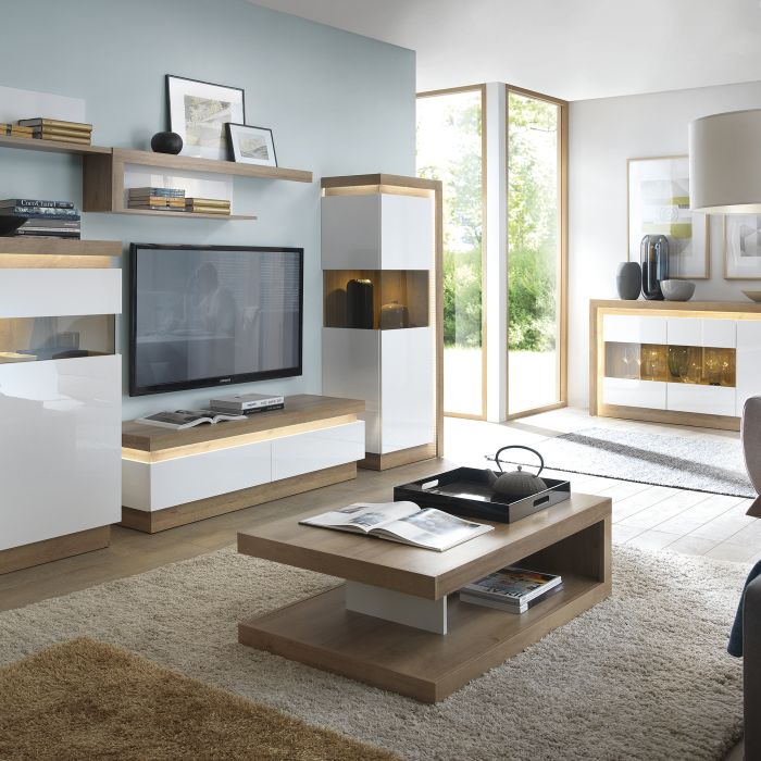 Lyon Tall Narrow Display Cabinet (LHD) in Riviera Oak/White High Gloss