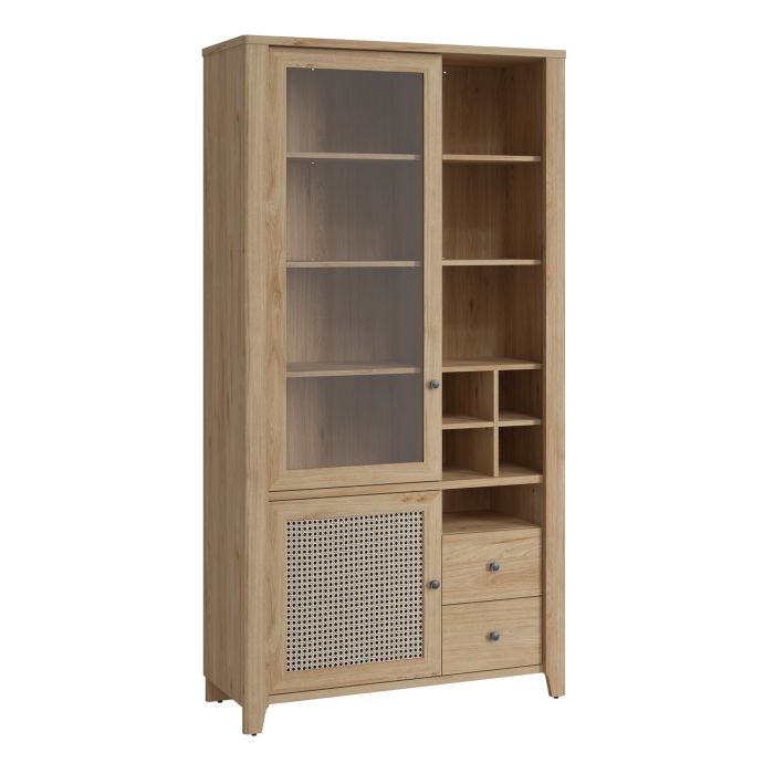 2 Door 2 Drawer Display Cabinet in Jackson Hickory Oak & Rattan Effect – Cestino Collection