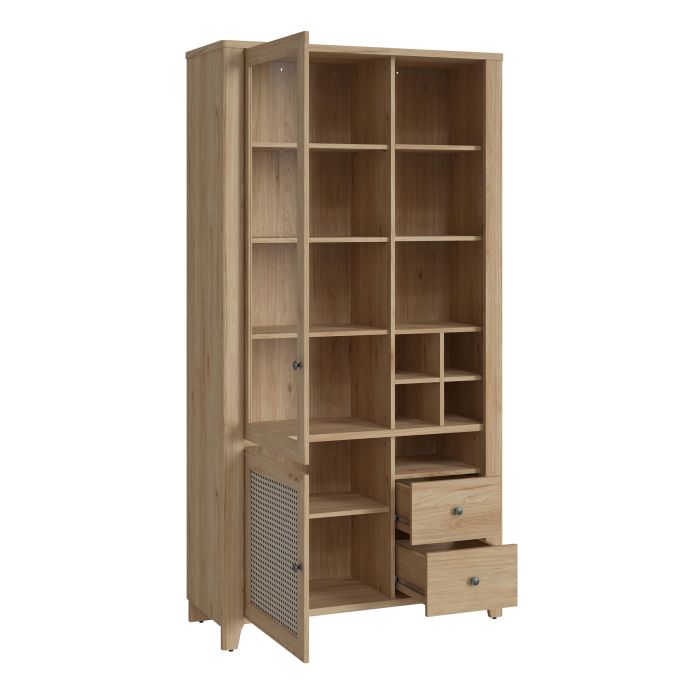 2 Door 2 Drawer Display Cabinet in Jackson Hickory Oak & Rattan Effect – Cestino Collection