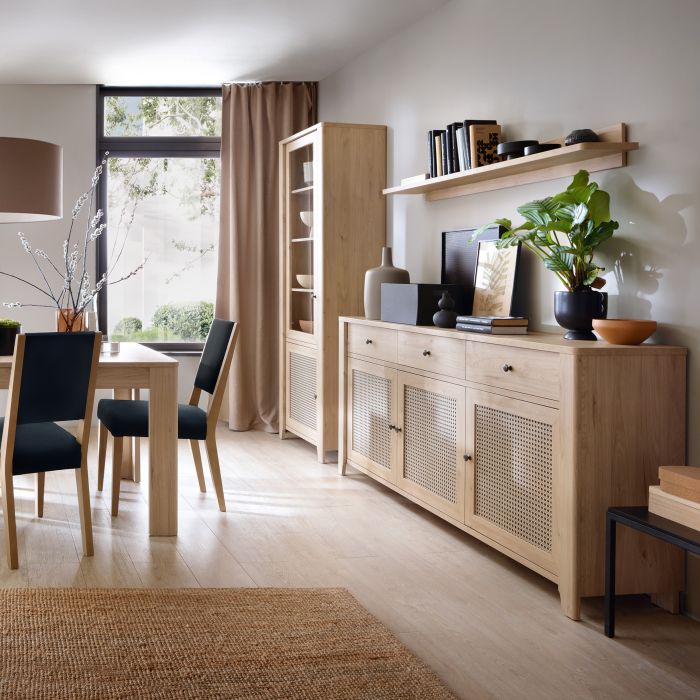2 Door 2 Drawer Display Cabinet in Jackson Hickory Oak & Rattan Effect – Cestino Collection