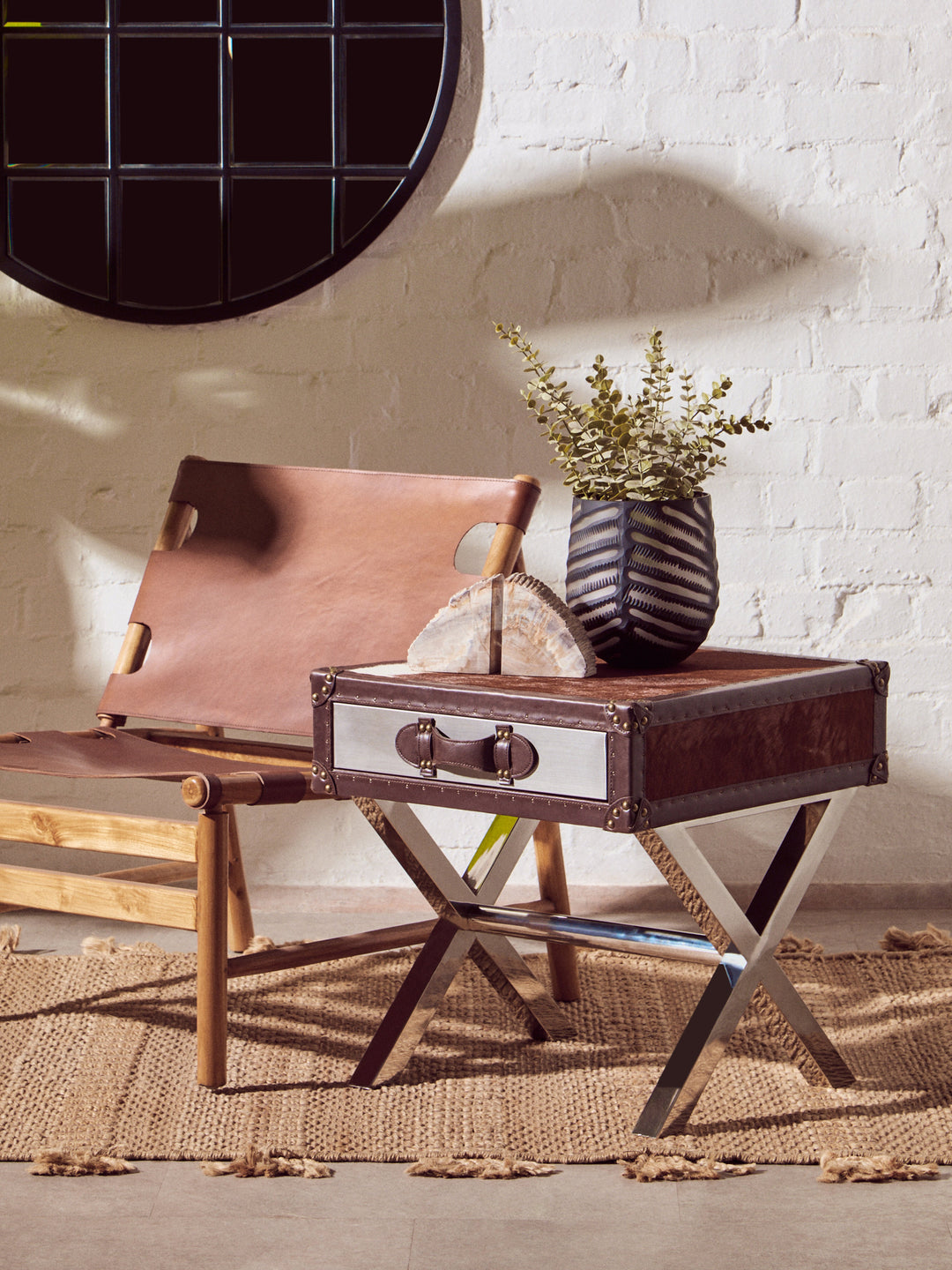Kensington Townhouse Table with Brown and White Genuine Cowhide and Single Drawer