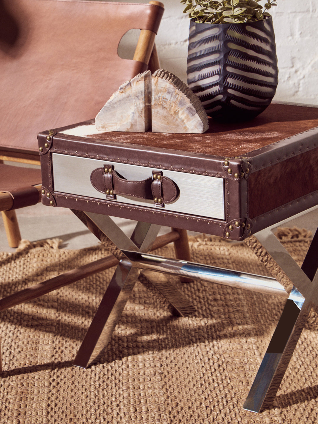 Kensington Townhouse Table with Brown and White Genuine Cowhide and Single Drawer