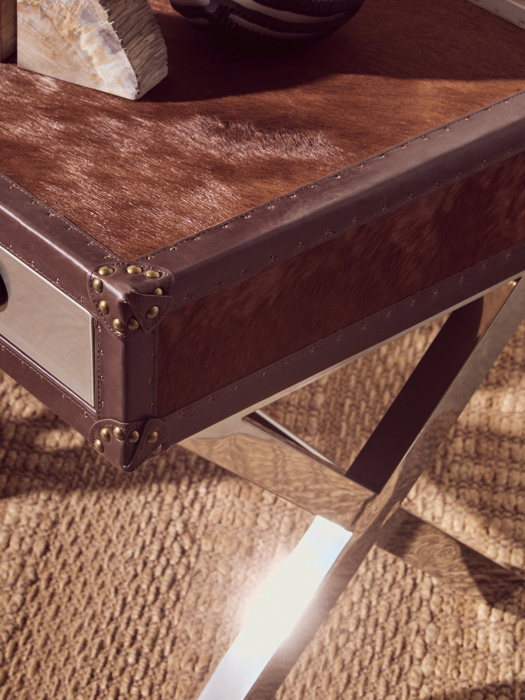 Kensington Townhouse Table with Brown and White Genuine Cowhide and Single Drawer