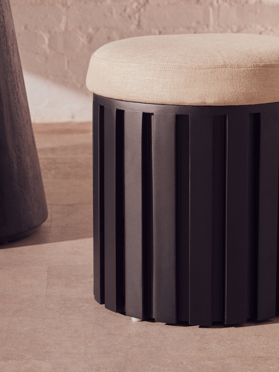Perdoba Black Mango Wood Stool with Textured Fabric Seat