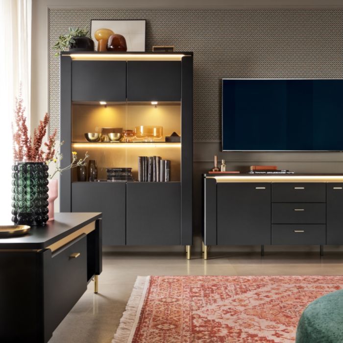 2 Door 3 Drawer 155cm Wide TV Cabinet in Black Matt & Gold – Genoa Collection
