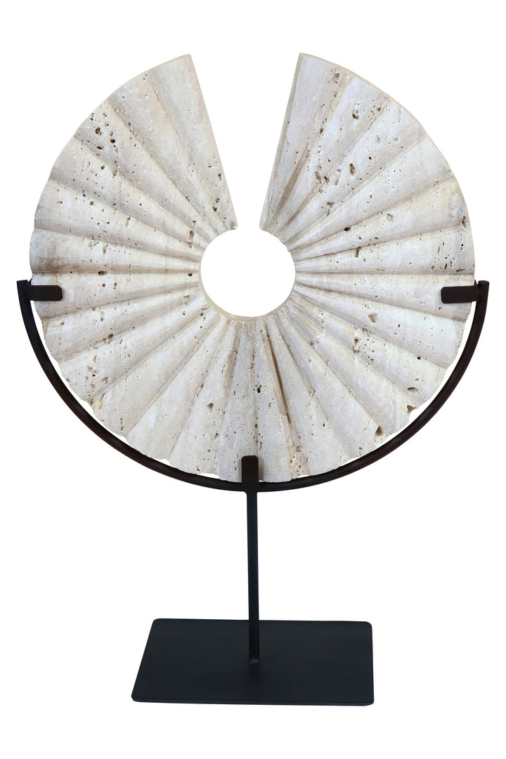 Base Black Corvessa Ridged with Metal Disc Sculpture Travertine