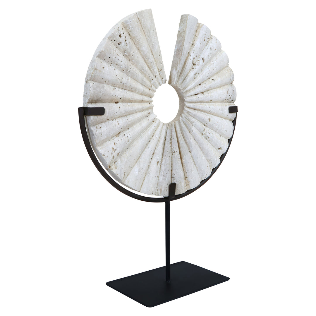 Base Black Corvessa Ridged with Metal Disc Sculpture Travertine