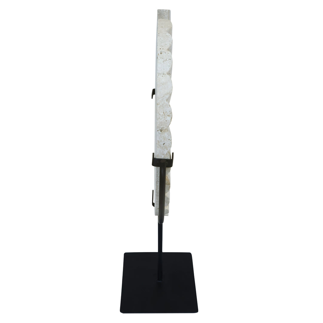 Base Black Corvessa Ridged with Metal Disc Sculpture Travertine