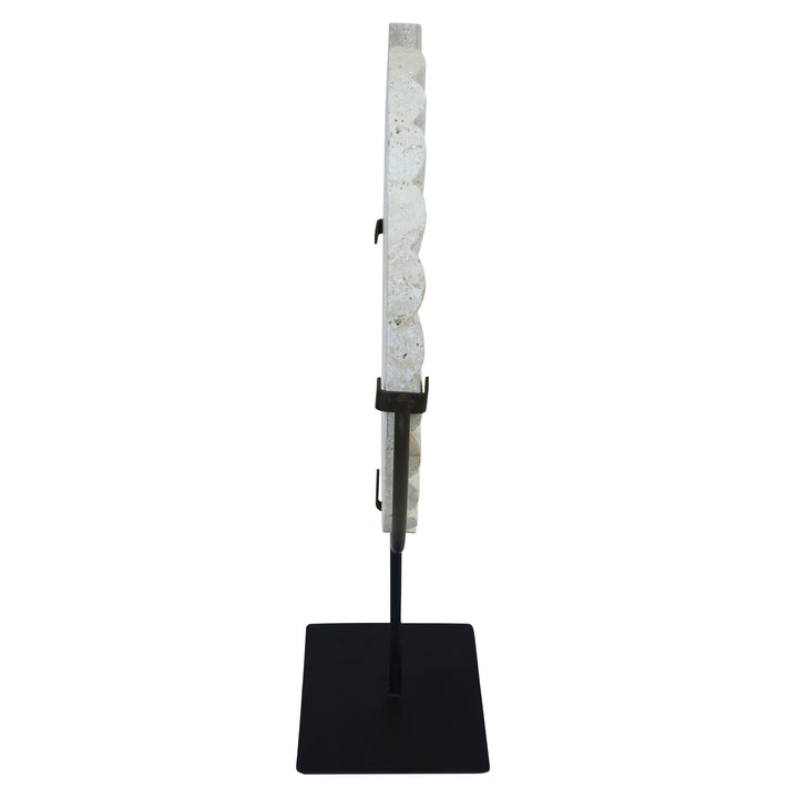 Base Black Corvessa Ridged with Metal Disc Sculpture Travertine