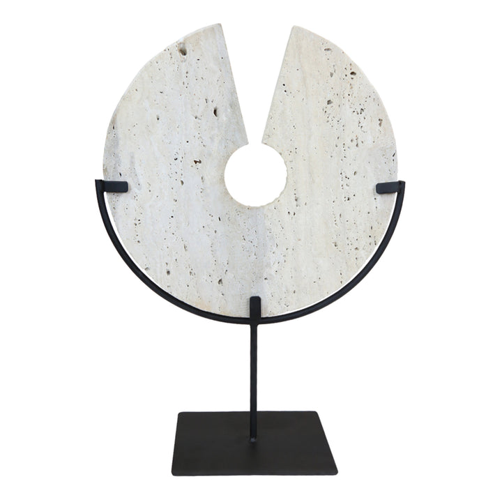 Base Black Corvessa Ridged with Metal Disc Sculpture Travertine