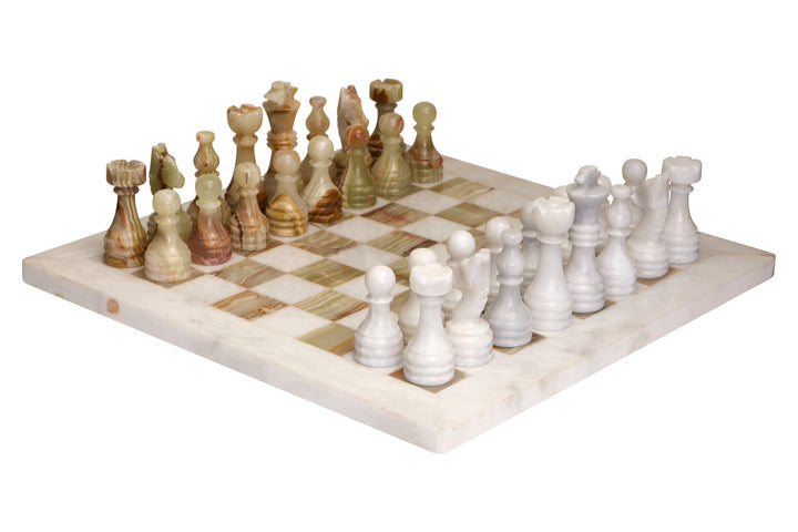 Marble White Tic Carved Small Tac Green Chess and Marble Onyx Set