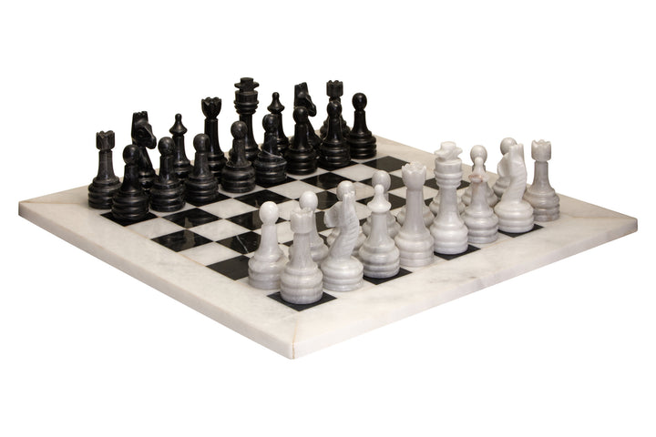 Large Carved Set Tac Marble and Chess White Black Tic