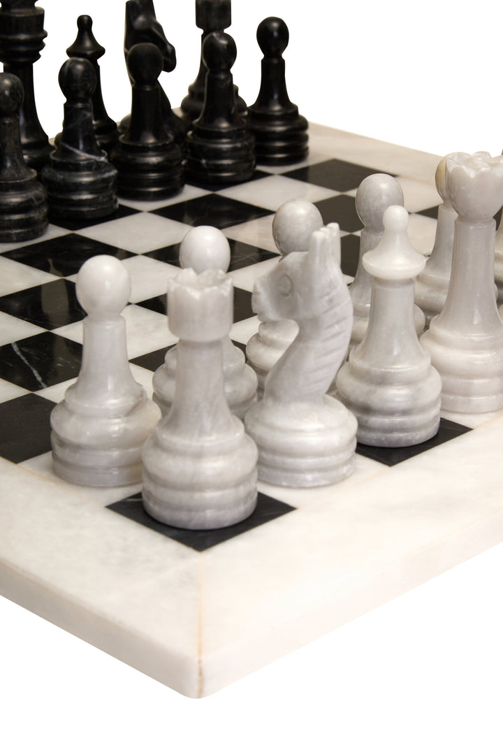 Large Carved Set Tac Marble and Chess White Black Tic