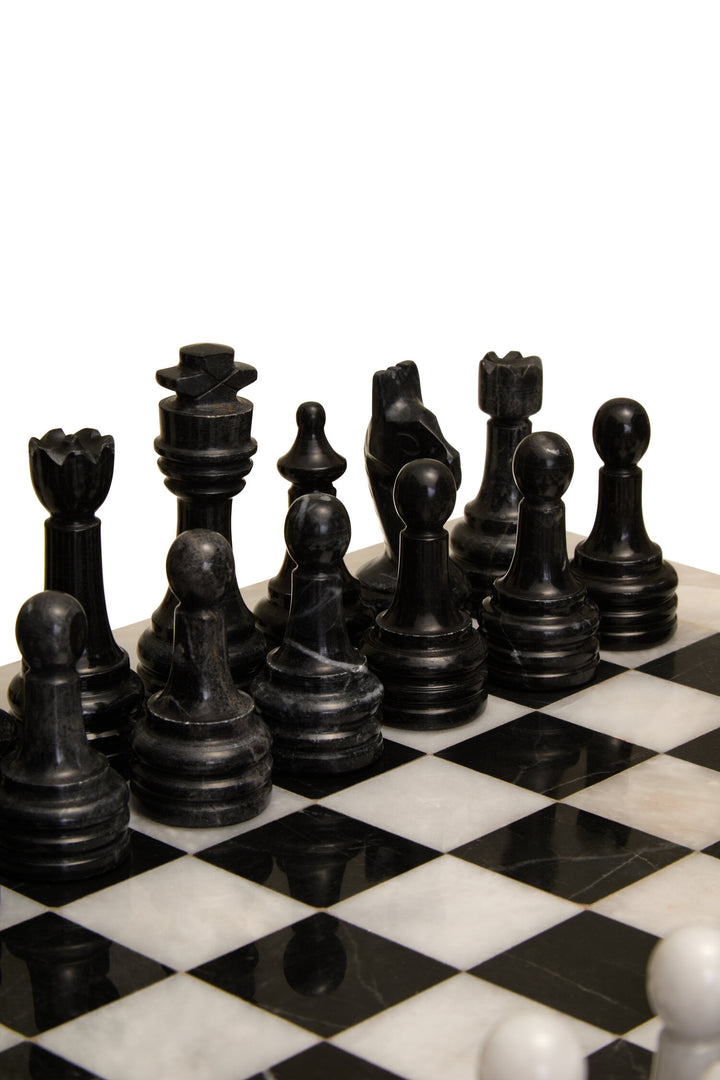 Large Carved Set Tac Marble and Chess White Black Tic