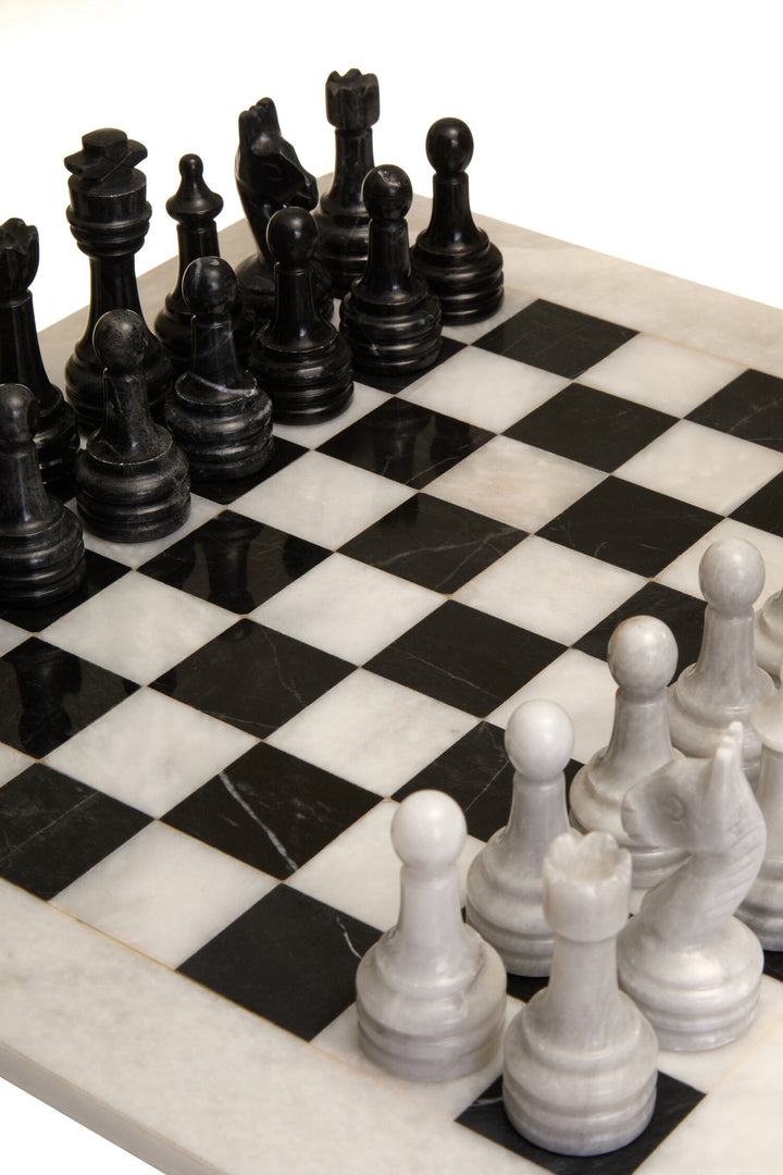 Large Carved Set Tac Marble and Chess White Black Tic