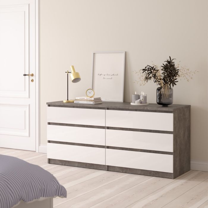 Naia Wide Chest of 6 Drawers in Concrete and White High Gloss