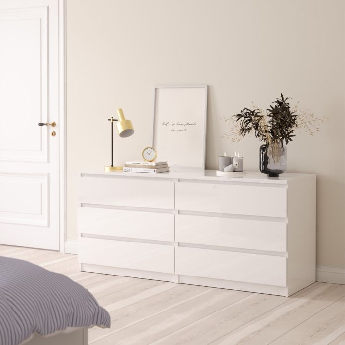 Naia Wide Chest with 6 Drawers in White High Gloss