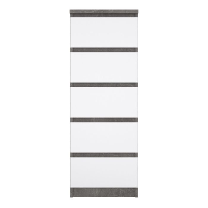 Naia Narrow Chest of 5 Drawers in Concrete and White High Gloss