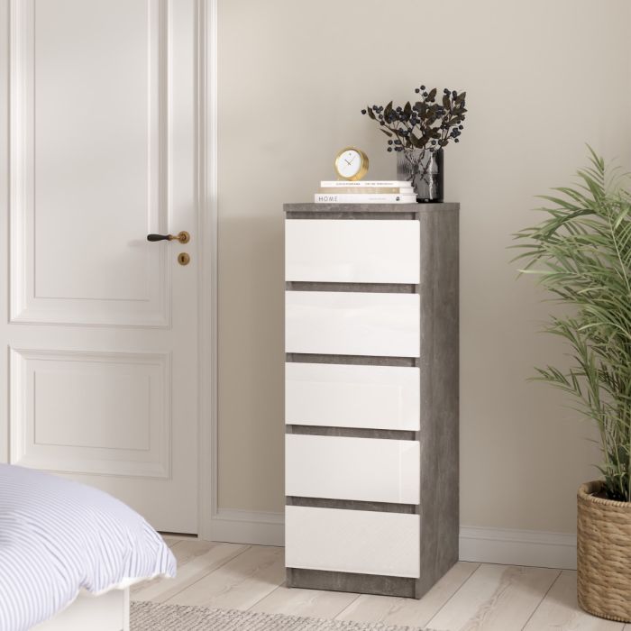 Naia Narrow Chest of 5 Drawers in Concrete and White High Gloss