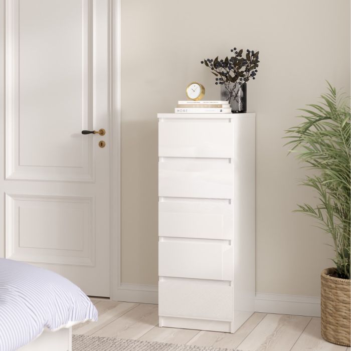 Naia Narrow Chest with 5 Drawers in White High Gloss