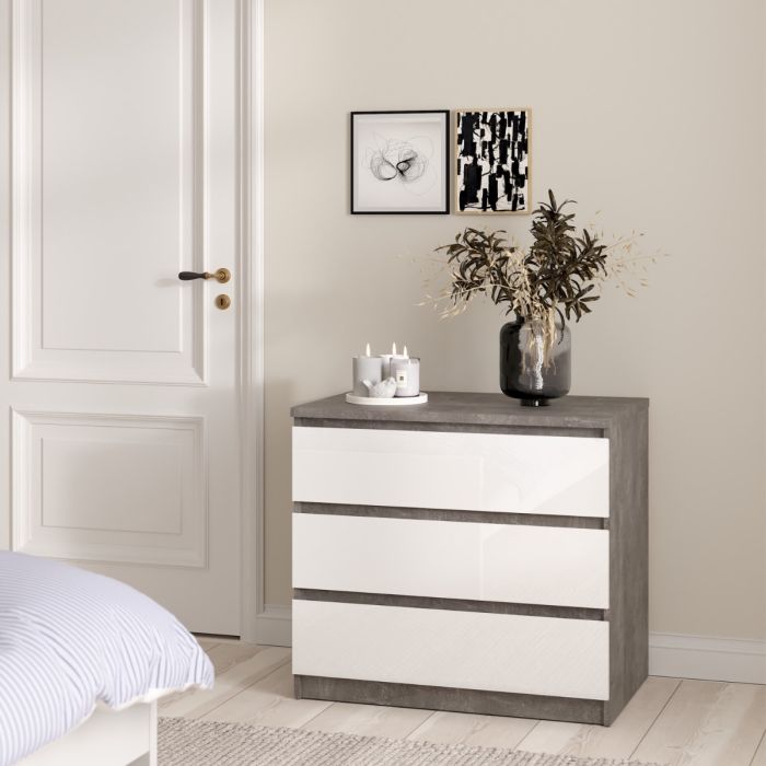Naia Chest of 3 Drawers in Concrete and White High Gloss