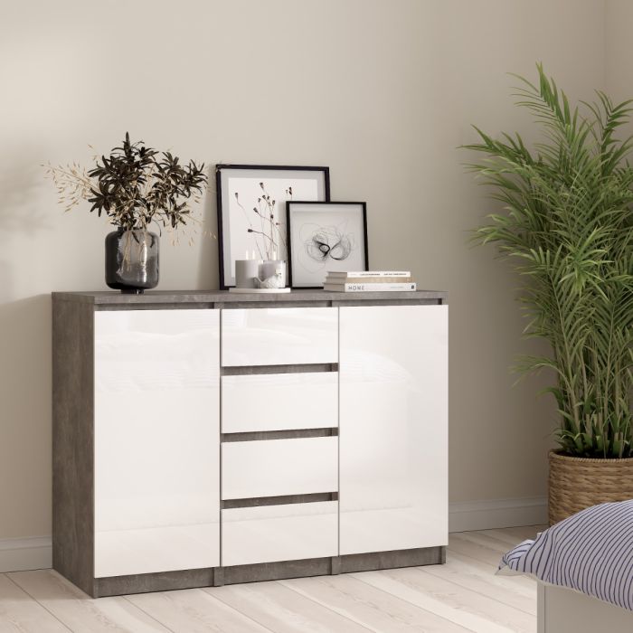 Naia Sideboard with 4 Drawers and 2 Doors in Concrete and White High Gloss
