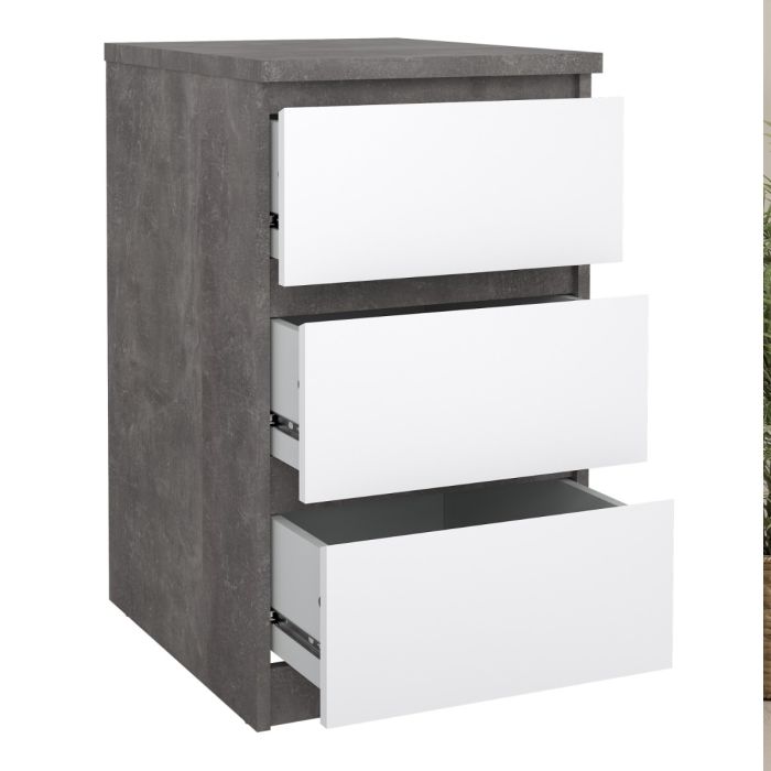 Naia Bedside Table 3 Drawers in Concrete and White Gloss
