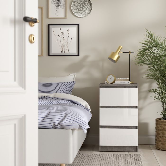 Naia Bedside Table 3 Drawers in Concrete and White Gloss