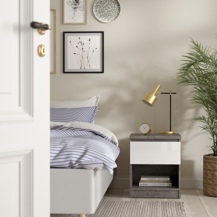 Naia Bedside Table 1 Drawer in Concrete and White Gloss