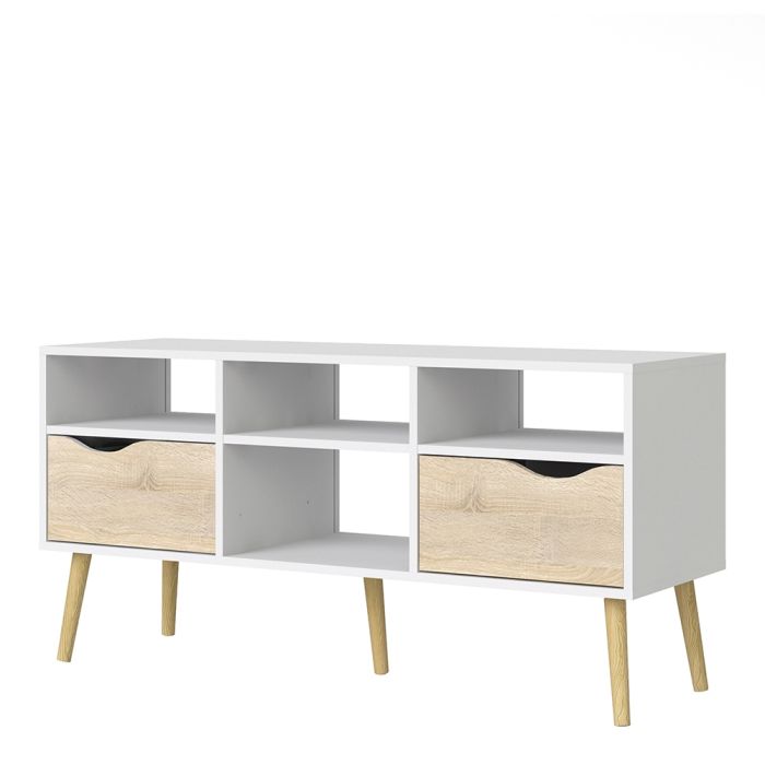 Oslo TV Unit Wide 2 Drawers 4 Shelves in White and Oak