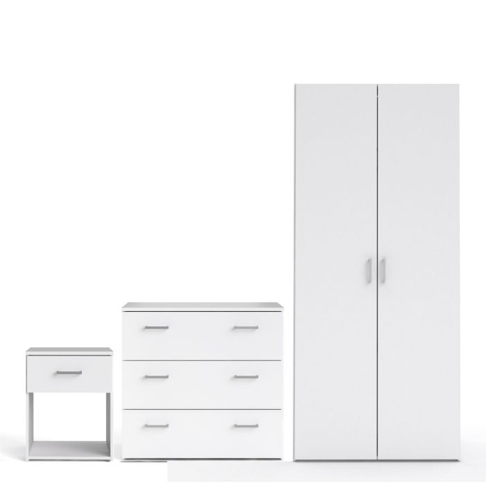 Space Package - Bedside 1 Drawer + Chest of 3 Drawers + Wardrobe with 2 Doors in White