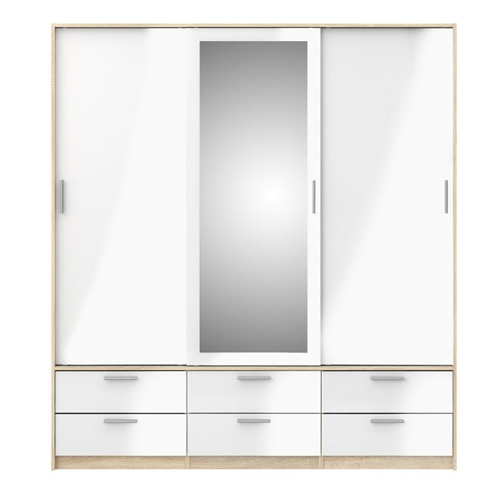 Line Wardrobe 3 Doors 6 Drawers in Oak with White High Gloss